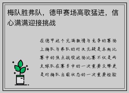 梅队胜弗队，德甲赛场高歌猛进，信心满满迎接挑战