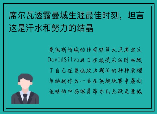 席尔瓦透露曼城生涯最佳时刻，坦言这是汗水和努力的结晶