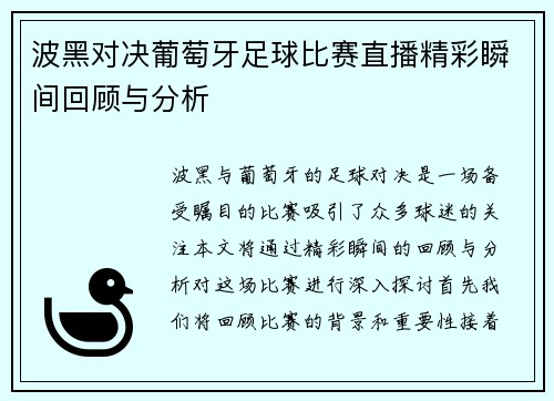 波黑对决葡萄牙足球比赛直播精彩瞬间回顾与分析